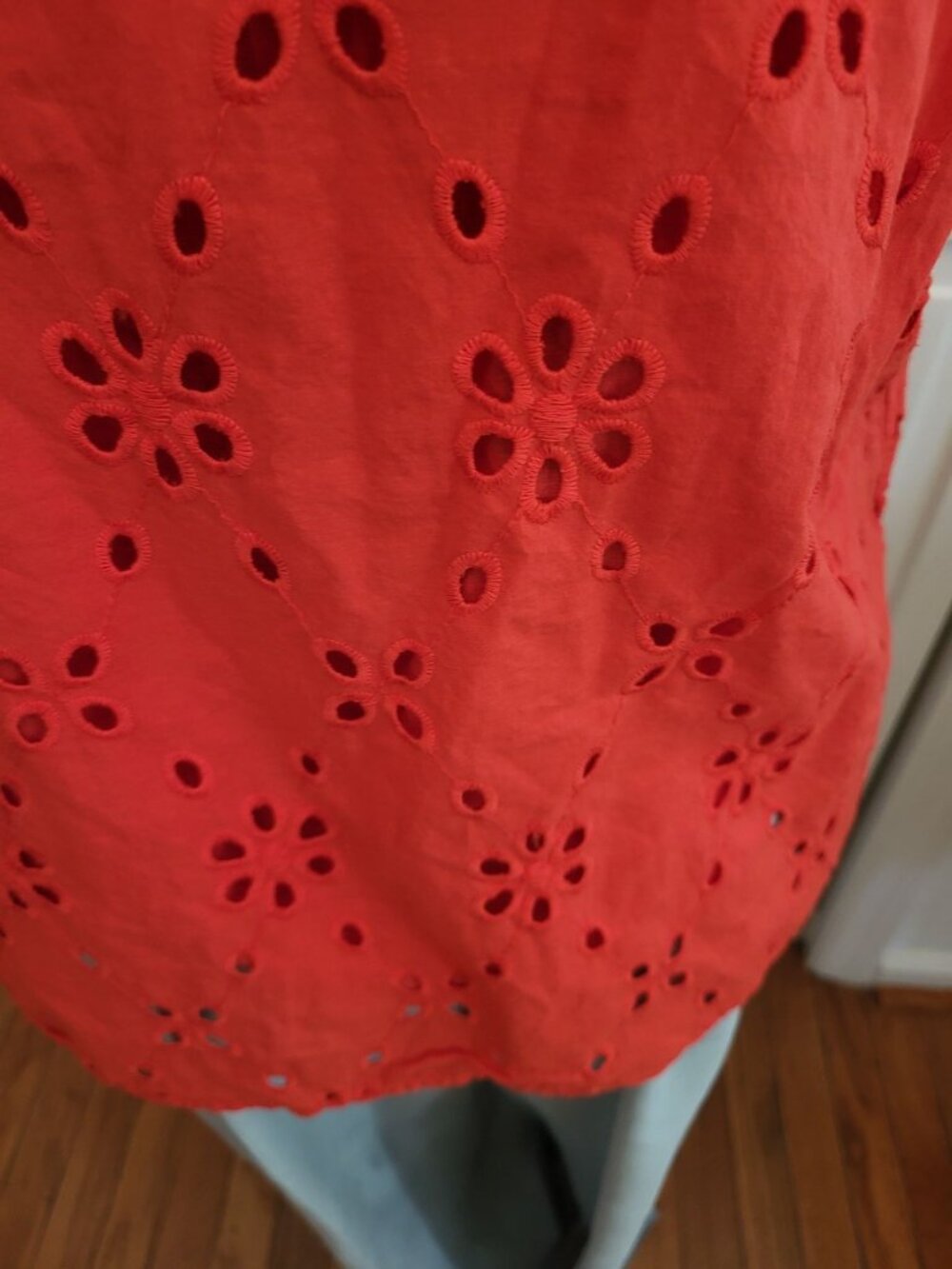 J Crew Red Eyelet Blouse Flutter Sleeve L Preppy Coastal Summer July 4th Brunch - Picture 5 of 10